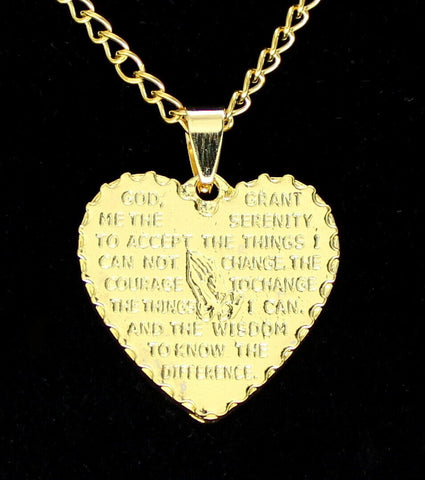 Serenity Prayer Scripture Heart Gold Plated Pendant Necklace Women 24" Necklace