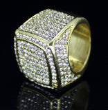 Mens Large Iced CZ Square Pinky Ring Band 14k Gold Plated Hip Hop Fashion
