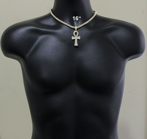 Ankh Cross CZ Pendant Tennis Chain Set 14k Gold Plated Hip Hop Jewelry Necklace