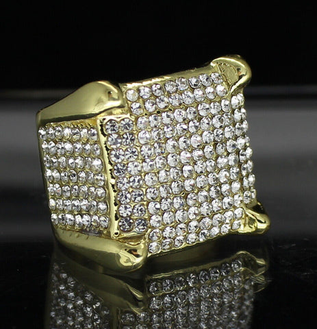 Mens Iced Square Pinky Ring Cz Band 14k Gold Plated Hip Hop Fashion