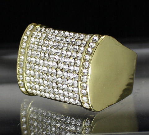 Mens Iced Pinky Ring Cz Rectangle Band 14k Gold Plated Hip Hop Jewelry