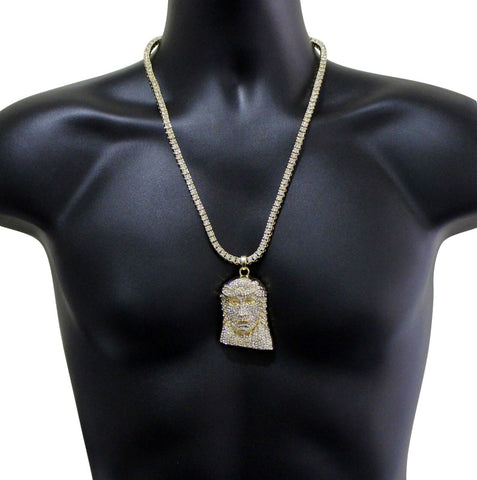 Icy CZ Jesus Piece 14k Gold Plated w/ 24" Tennis 1 Row Chain Hip Hop Necklace
