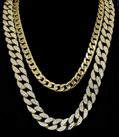 2pc Set 24" 30" CZ Cuban Link Chains 14k Gold Plated Hip Hop Necklaces