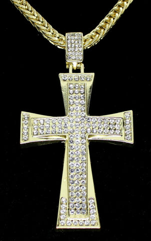 Mens Iced CZ 2.5" Cross Pendant 14k Gold Plated 24" Rope Chain Hip Hop Necklace