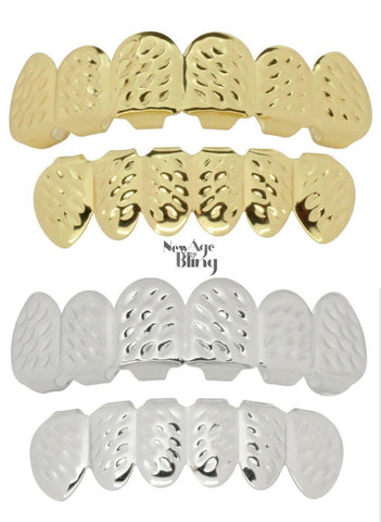 4 pc Set Grillz Cut Design Gold Silver Plated Custom Fit Top Bottom Teeth Grill