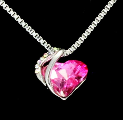 Womens Pink Heart Shaped CZ Pendant Stainless Steel Box Chain 24" Necklace Gift