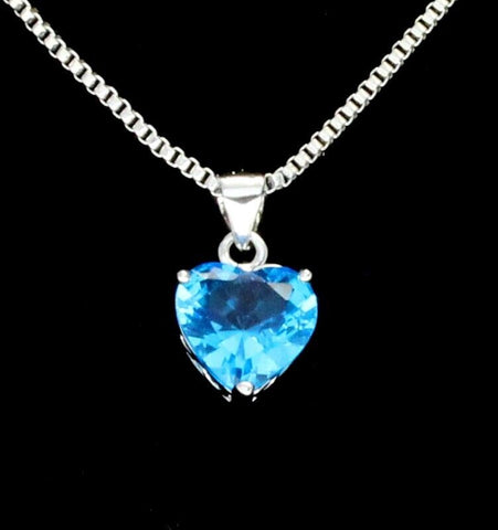 Womens Blue Ocean Heart Shaped CZ Pendant Stainless Steel Box Chain 20"Necklace