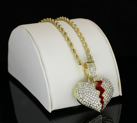 Icy Broken Heart CZ Pendant 14k Gold Plated 24" Rope Hip Hop Men Women Necklace