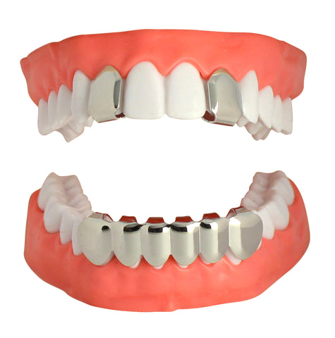 Custom Fit 2pc Single Top + Bottom Teeth Set Silver Plated Grillz