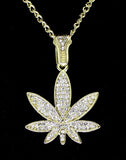 Small Iced CZ Marijuana Pendant 14k Gold Plated Weed 24" Rope Chain Necklace