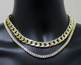2 pc Choker Set Miami Cuban Link CZ 1 Row Tennis Necklace 14k GoldPlated Jewelry