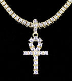 Iced Ankh CZ Pendant Medallion Tennis Necklace 14k Gold Plated Hip Hop Jewelry