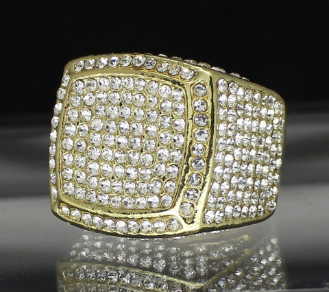 Mens Large Iced CZ Square Pinky Ring Band 14k Gold Plated Hip Hop Fashion