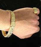 Mens 2pc Nugget Design Bracelet Icy CZ Ring Set 14k Gold Plated Hip Hop Jewelry