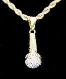 Iced Microphone Rhinestone Pendant 14k Gold Plated 24" Rope Necklace Hip Hop