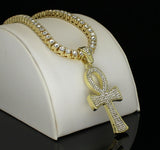 Ankh Cross CZ Pendant Tennis Chain Set 14k Gold Plated Hip Hop Jewelry Necklace