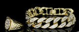 Mens 2pc CZ Bracelet Ring Set Miami Cuban Link Iced 14k Gold Plated Hip Hop