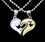 Split Heart 2pc Pendant Cubic Zirconia 20" Plated Stainless Steel Ball Necklace
