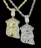 Men Iced CZ Jesus Piece 1.5" Pendant 14k Gold Silver Plated 24" Rope Necklace