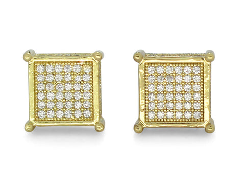 Mens Iced Square Studs 14k Gold Plated MicroPave Cz Screw Back Earrings Hip Hop