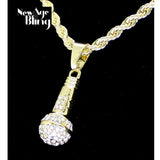 Iced Microphone Rhinestone Pendant 14k Gold Plated 24" Rope Necklace Hip Hop