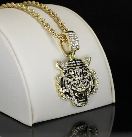 Mens Iced Cz Mighty Tiger Pendant 14k Gold or Silver Plated 24" Necklace Hip Hop