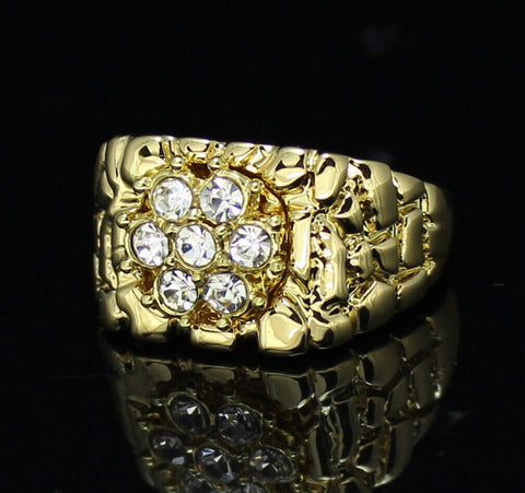 Mens Nugget Pinky CZ Ring 14k Gold Plated Icy Cluster Hip Hop Band