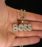 Iced Cz Boss Pendant 14k Gold or Silver Plated 24" Rope Necklace Hip Hop Jewelry