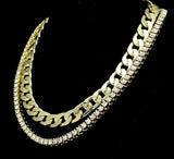 2 pc Choker Set Miami Cuban Link CZ 1 Row Tennis Necklace 14k GoldPlated Jewelry