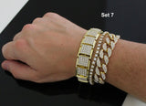 Mens 3pc Bracelet Combo Set Iced Cz Cuban 1 Row Links 14k Gold Plated Hip Hop