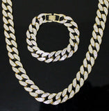 Mens Necklace Bracelet Set Iced CZ Miami Cuban Link Chain 14k Gold Plated HipHop