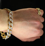 Mens 2pc Miami Cuban Link CZ Bracelet Ring Set  14k Gold Plated Hip Hop Jewelry