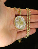 Iced Allah Round CZ Pendant 14k Gold Plated 24" Rope Necklace Hip Hop