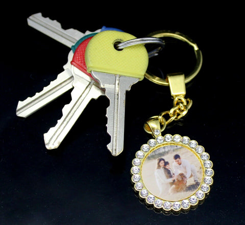 Key Chain Photo Cubic Zirconia Pendant Custom Picture With Glass 14k Gold Plated