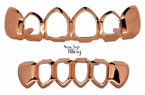 Open Face Grillz Custom Fit 14k Rose Gold Plated Top Bottom Teeth Grill