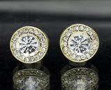 Men Women Halo Round CZ Earrings 14k Gold Plated Hip Hop Jewelry Push Back