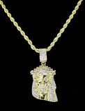 Men Iced CZ Jesus Piece 1.5" Pendant 14k Gold Silver Plated 24" Rope Necklace