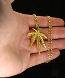 Weed Leaf Marijuana Pendant Gold Plated Men Women 24" Necklace Set