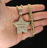 Iced CZ 5 Star Baguette Pendant 14k Gold Plated 24" Rope Necklace Hip Hop