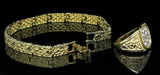 Mens 2pc Nugget Design 8mm Bracelet Icy CZ Ring Set 14k Gold Plated Hip Hop