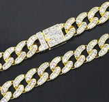 Mens 15mm Iced Baguette CZ Cuban/Curb Link 14k Gold Plated 7"-30" Necklace