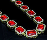 Mens Icy Large Red Rhinestone Chain 14k Gold Plated Necklace Hip Hop Fashion