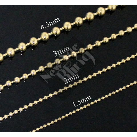 StainlessSteel Ball Chain 16"-34" DogTag Bead Gold Plated Necklace 1.5/2/3/4.5mm