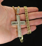 Iced CZ Cross Baguette Pendant 14k Gold Plated 24" Rope Necklace Hip Hop Jewelry