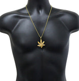Weed Leaf Marijuana 1.7" Gold Plated Pendant 24" Stainless Steel Ball Necklace