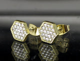 Mens Iced CZ Earrings 8mm Hexagon Studs Push Back 14k Gold Plated HipHop Jewelry