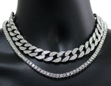 2 pc Choker Set Cuban Link CZ 1 Row Tennis Necklace White Gold Plated Chains