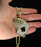 Mens Iced Cz Poker Cards Pendant 14k Gold or Silver Plated 24" Necklace Hip Hop