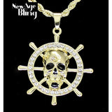 Iced Rhinestone Skull Round Sailor Pendant 14k Gold Plated 24" Rope Necklace