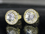 Men Women Halo Round CZ Earrings 14k Gold Plated Hip Hop Jewelry Push Back